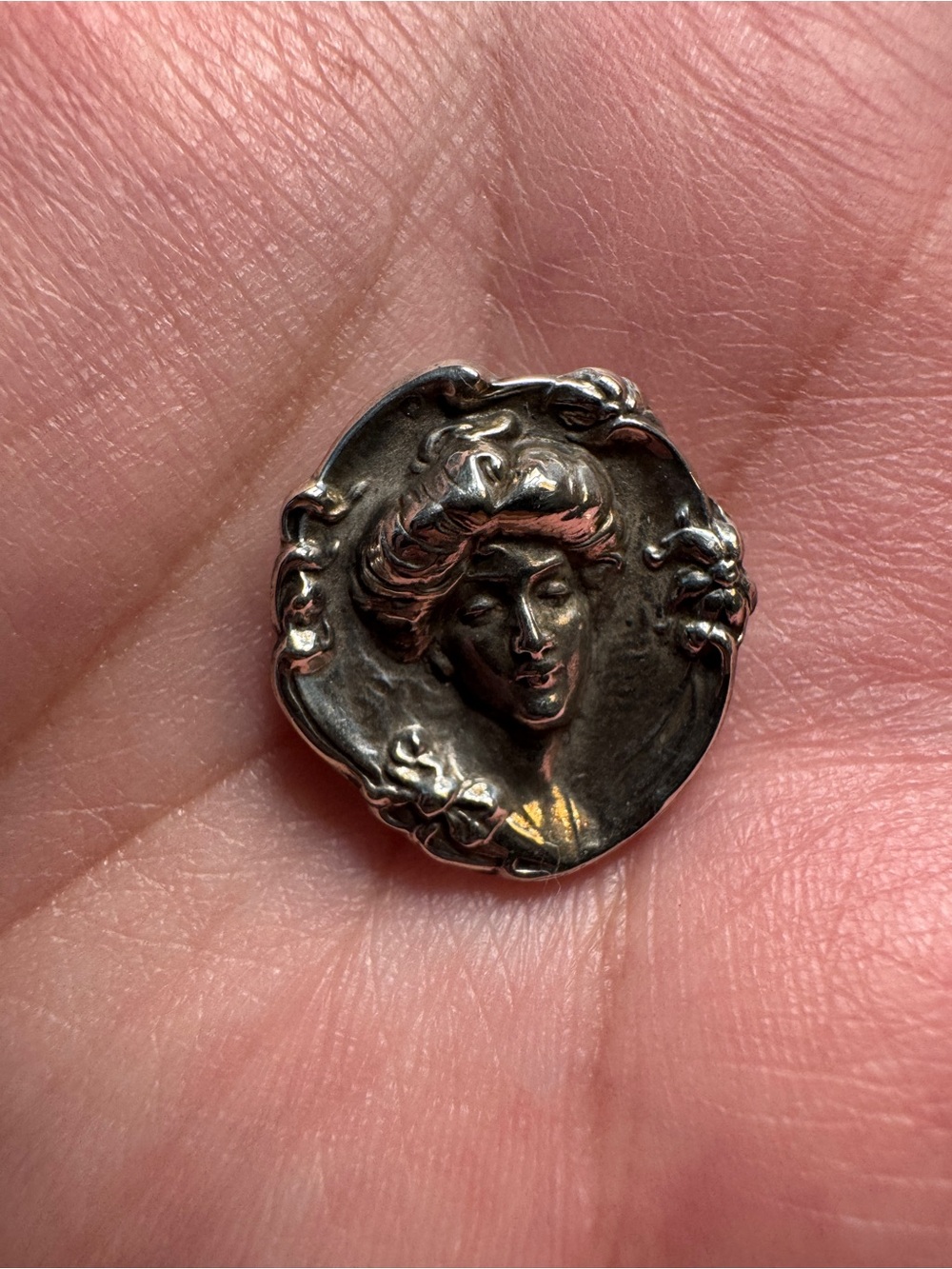 Antique-Style Art Nouveau Lady Relief Pendant - Dark Sterling